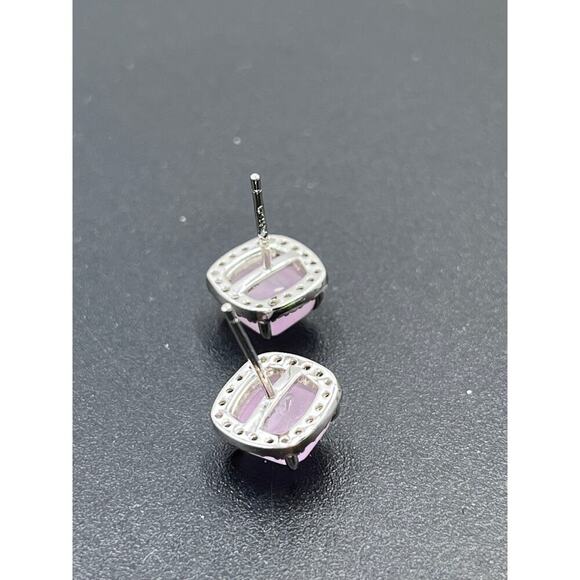 Sterling Silver Cushion Cut Prong Set Rose Quartz White Topaz Halo Stud Earrings - Picture 6 of 8